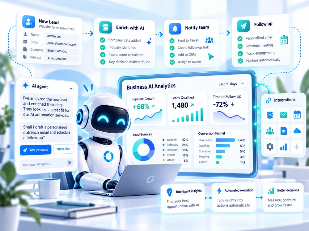 AI agent dashboard showing lead automation, enrichment, and business AI analytics