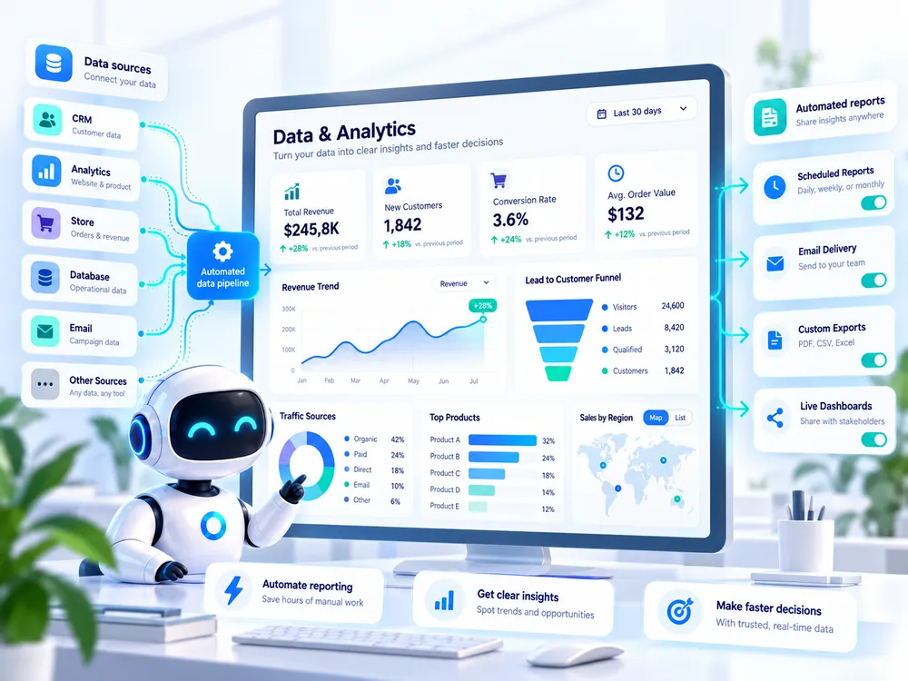 Data & analytics dashboard showing revenue trends, conversion funnel, and automated reporting
