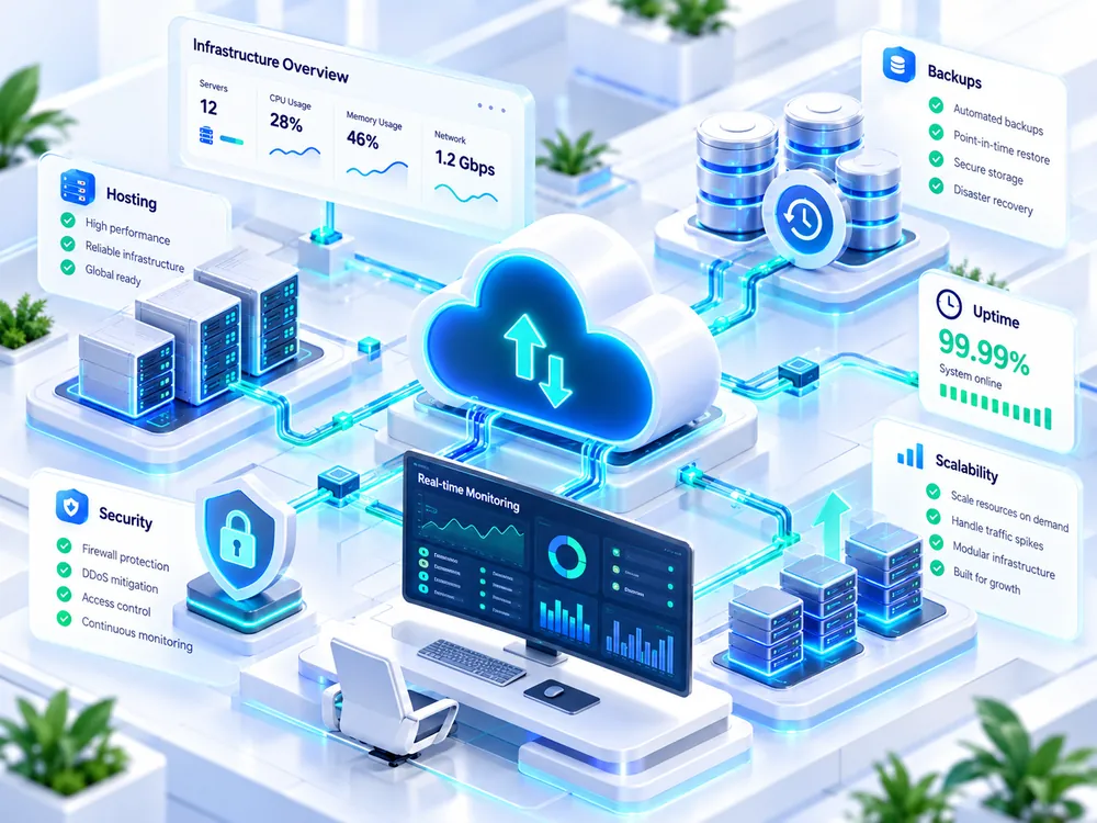 Cloud infrastructure dashboard showing servers, uptime, backups, and real-time monitoring