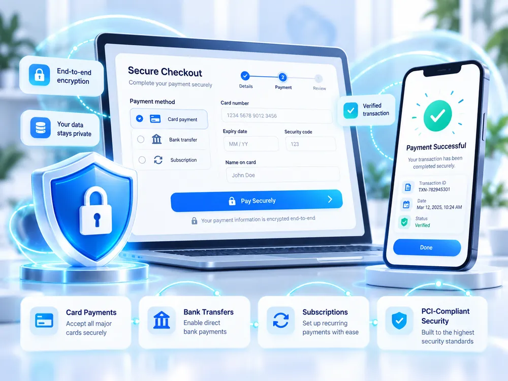 Secure Stripe checkout flow showing payment methods and a verified transaction confirmation