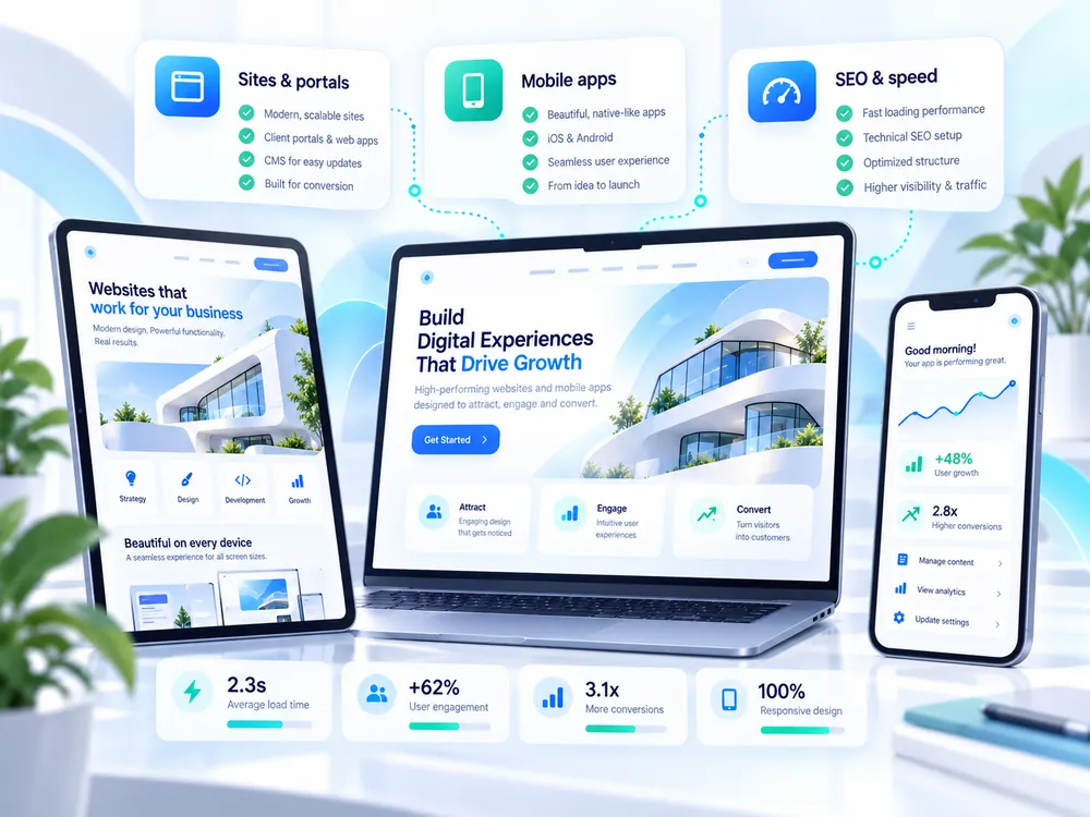 Website and mobile app mockups shown across desktop, tablet, and phone